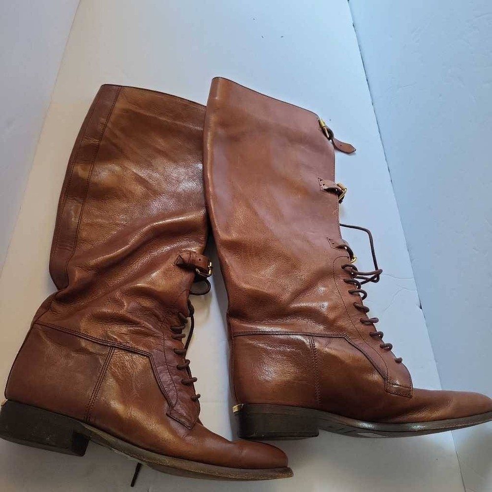 Burberry Womens Riding Boots Brown Leather Buckles Knee High Flat Lace U… - Picture 1 of 12